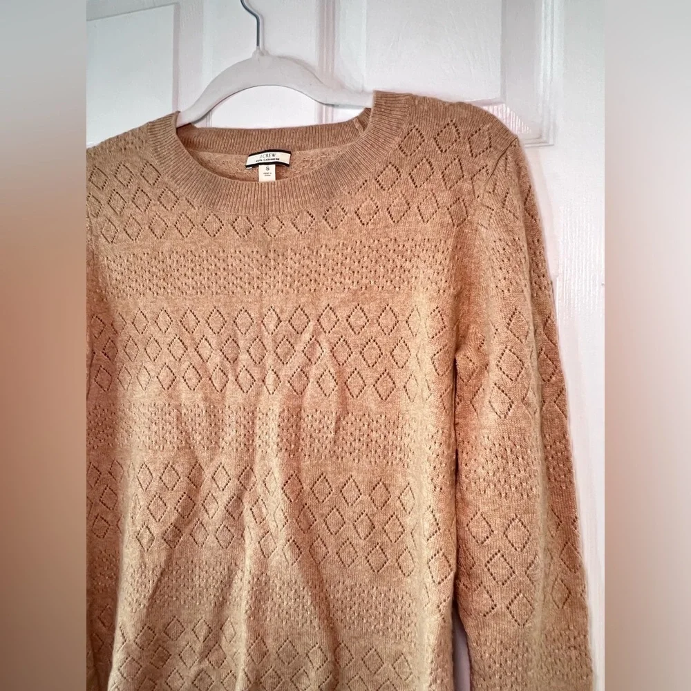 J.Crew Tan 100 % Cashmere Crewneck Sweater in Fine Gauge‎ Pointelle Stich Size S